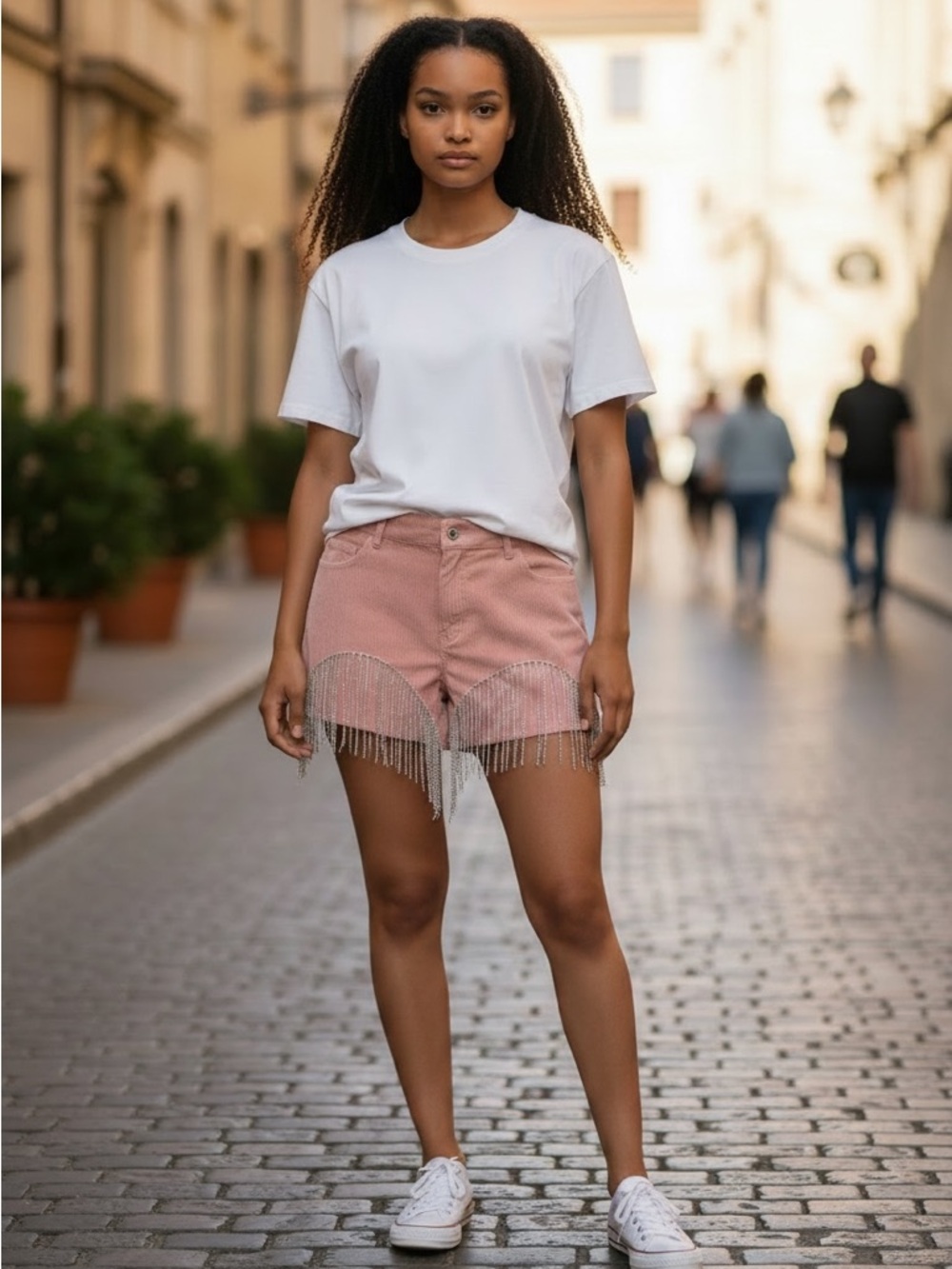 Pink Beaded Fringe Corduroy Shorts
